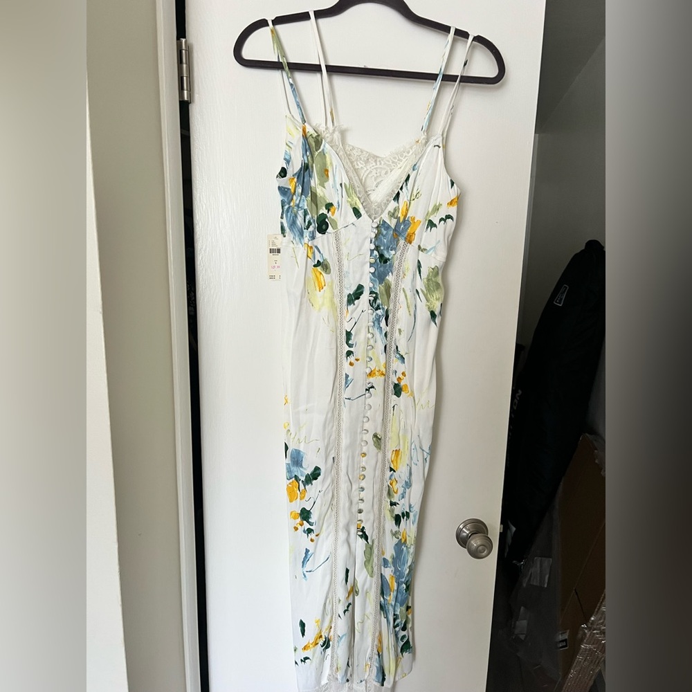 Anthropologie White Floral Slip Dress with Blue and Yellow Accents
